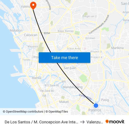 De Los Santos / M. Concepcion Ave Intersection, Pateros, Manila to Valenzuela City map