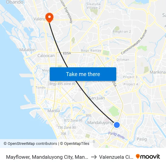 Mayflower, Mandaluyong City, Manila to Valenzuela City map