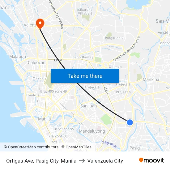 Ortigas Ave, Pasig City, Manila to Valenzuela City map
