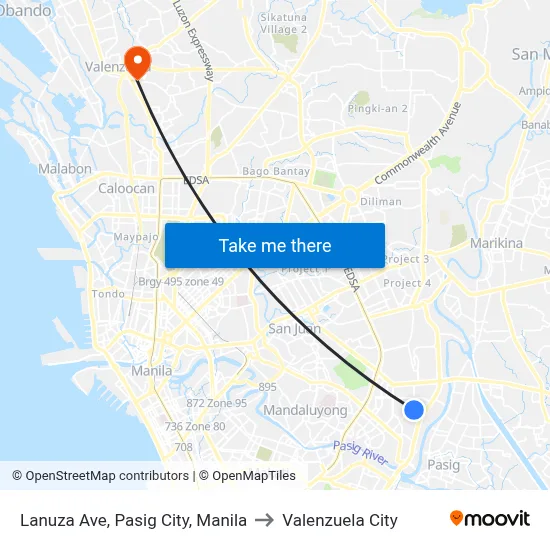 Lanuza Ave, Pasig City, Manila to Valenzuela City map