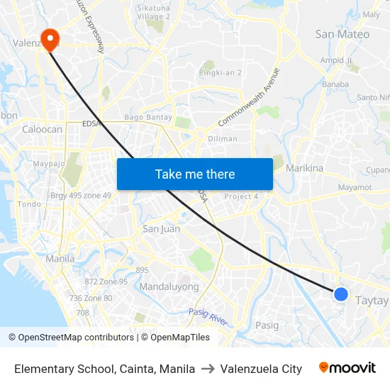 Elementary School, Cainta, Manila to Valenzuela City map