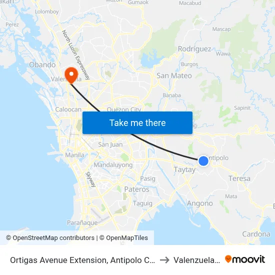 Ortigas Avenue Extension, Antipolo City, Manila to Valenzuela City map