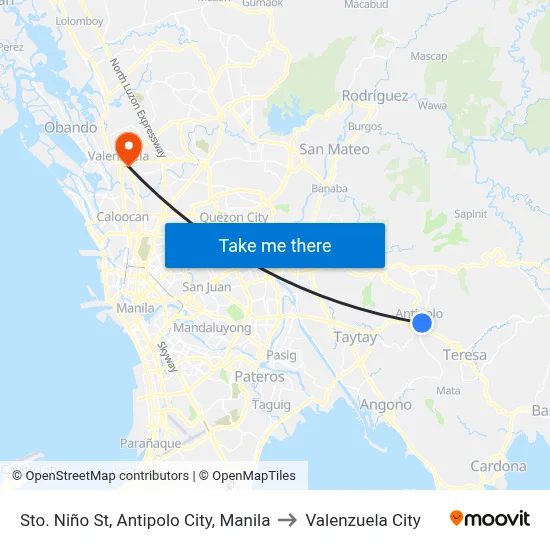 Sto. Niño St,  Antipolo City, Manila to Valenzuela City map