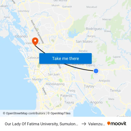 Our Lady Of Fatima University, Sumulong Hwy, Antipolo City, Manila to Valenzuela City map