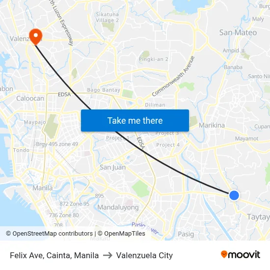 Felix Ave, Cainta, Manila to Valenzuela City map