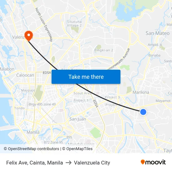 Felix Ave, Cainta, Manila to Valenzuela City map