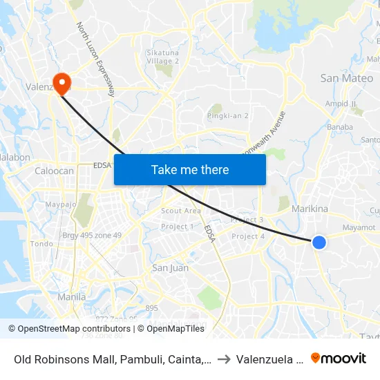 Old Robinsons Mall, Pambuli, Cainta, Manila to Valenzuela City map