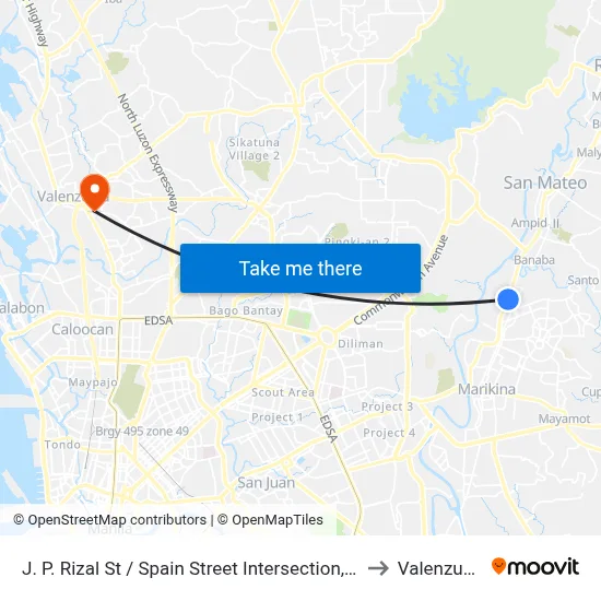 J. P. Rizal St / Spain Street Intersection, Marikina City, Manila to Valenzuela City map