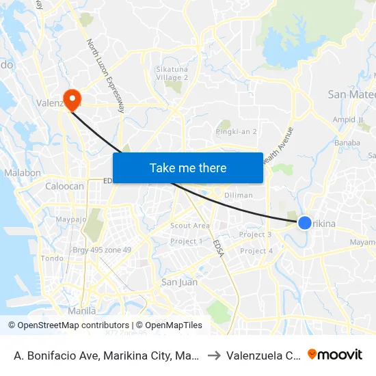 A. Bonifacio Ave, Marikina City, Manila to Valenzuela City map