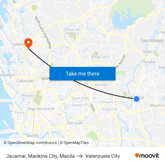 Jacamar, Marikina City, Manila to Valenzuela City map