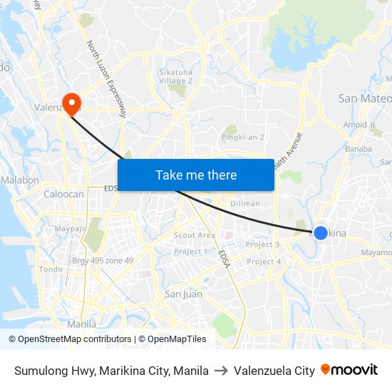 Sumulong Hwy, Marikina City, Manila to Valenzuela City map
