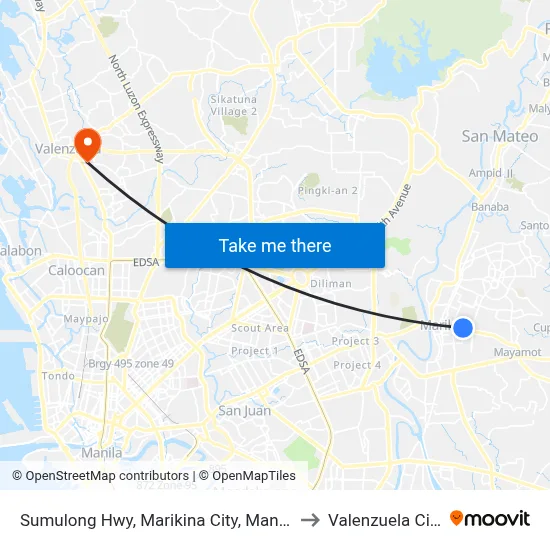 Sumulong Hwy, Marikina City, Manila to Valenzuela City map