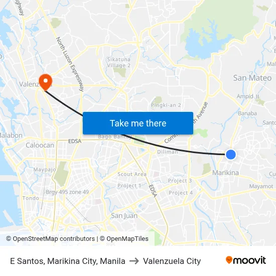 E Santos, Marikina City, Manila to Valenzuela City map