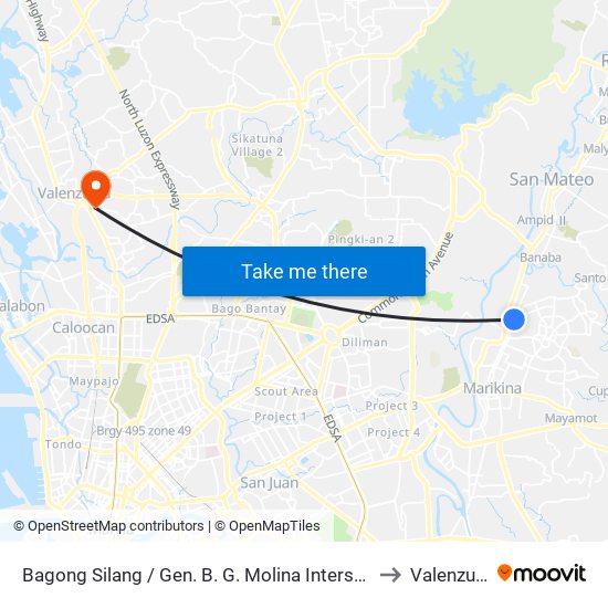 Bagong Silang / Gen. B. G. Molina Intersection, Marikina City, Manila to Valenzuela City map