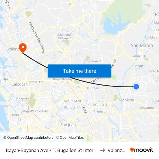 Bayan-Bayanan Ave / T. Bugallon St Intersection, Marikina City, Manila to Valenzuela City map