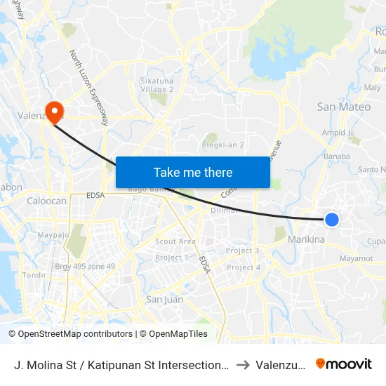 J. Molina St / Katipunan St Intersection, Marikina City, Manila to Valenzuela City map