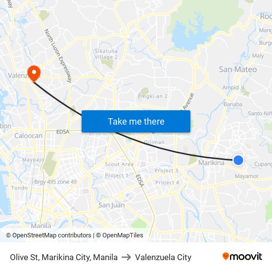 Olive St, Marikina City, Manila to Valenzuela City map