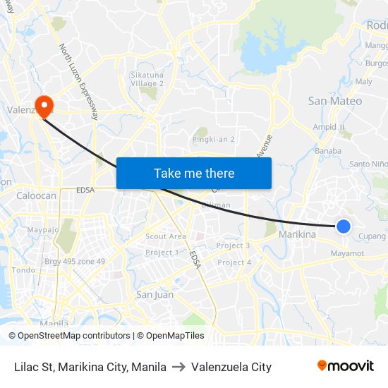 Lilac St, Marikina City, Manila to Valenzuela City map