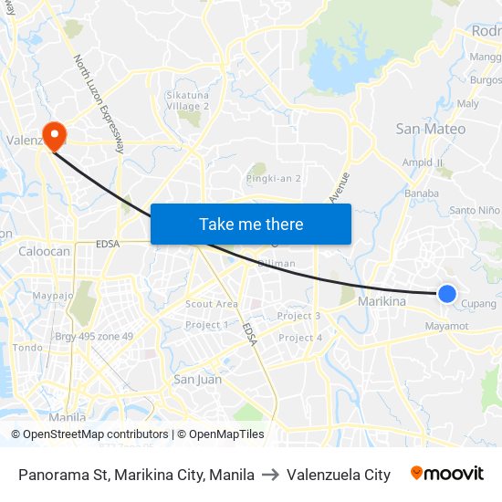 Panorama St, Marikina City, Manila to Valenzuela City map