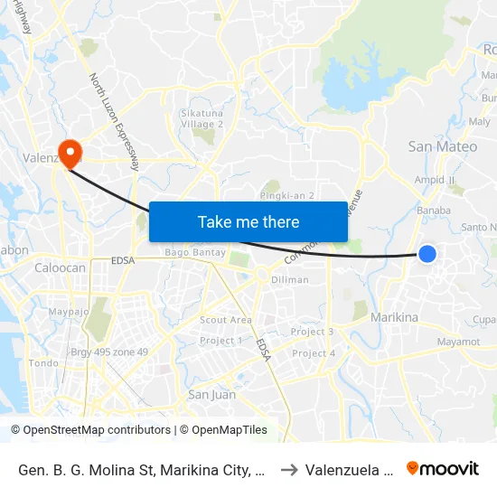 Gen. B. G. Molina St, Marikina City, Manila to Valenzuela City map
