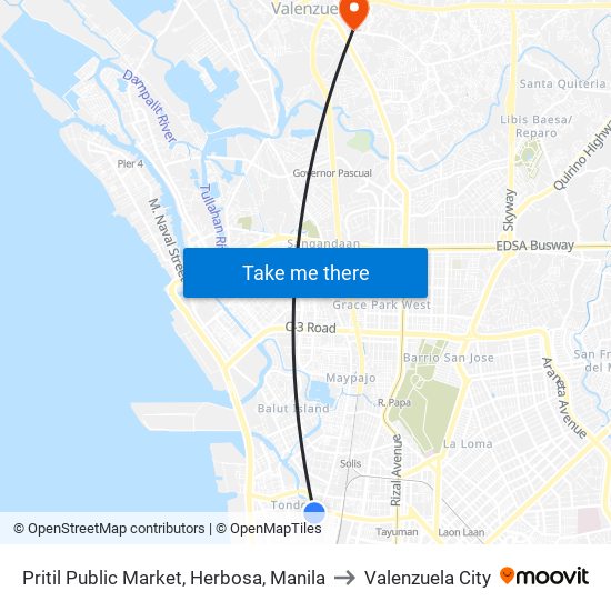 Pritil Public Market, Herbosa, Manila to Valenzuela City map