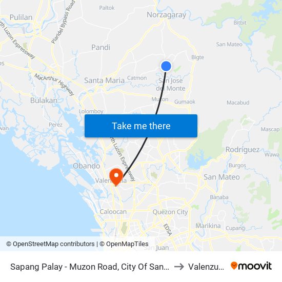 Sapang Palay - Muzon Road, City Of San Jose Del Monte, Manila to Valenzuela City map