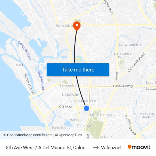 5th Ave West / A Del Mundo St, Caloocan City, Manila to Valenzuela City map