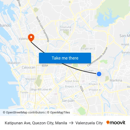 Katipunan Ave, Quezon City, Manila to Valenzuela City map