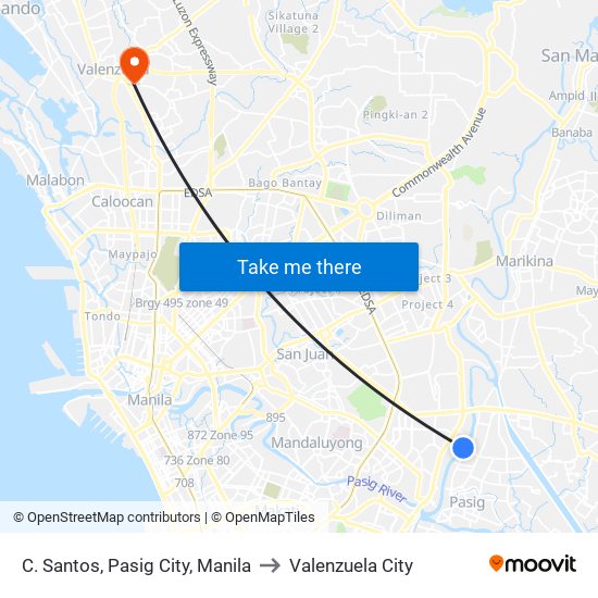 C. Santos, Pasig City, Manila to Valenzuela City map