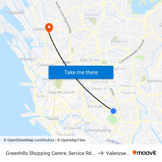 Greenhills Shopping Centre, Service Rd, San Juan, Manila to Valenzuela City map