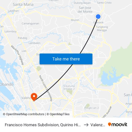 Francisco Homes Subdivision, Quirino Highway, City Of San Jose Del Monte to Valenzuela City map