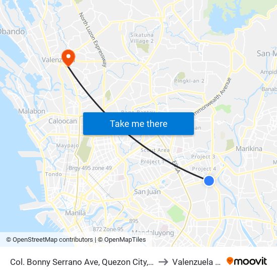 Col. Bonny Serrano Ave, Quezon City, Manila to Valenzuela City map