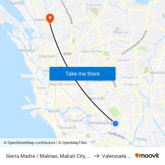 Sierra Madre / Malinao, Makati City, Manila to Valenzuela City map