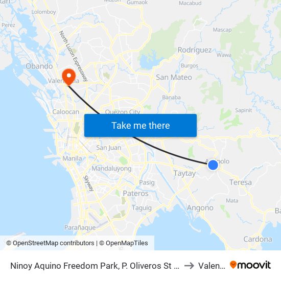 Ninoy Aquino Freedom Park, P. Oliveros St / L. Sumulong Memorial Circle, Antipolo City, Manila to Valenzuela City map