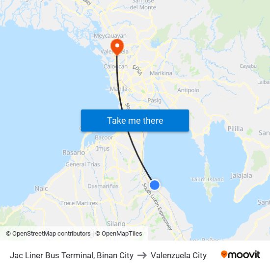 Jac Liner Bus Terminal, Binan City to Valenzuela City map