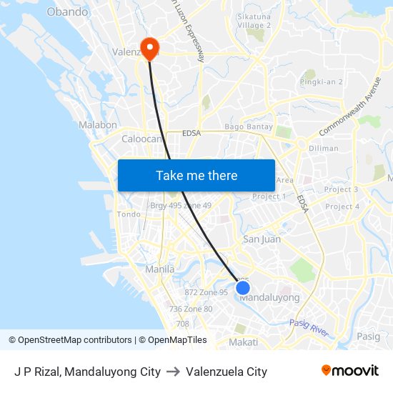 J P Rizal, Mandaluyong City to Valenzuela City map