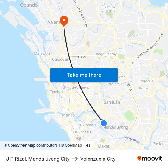 J P Rizal, Mandaluyong City to Valenzuela City map