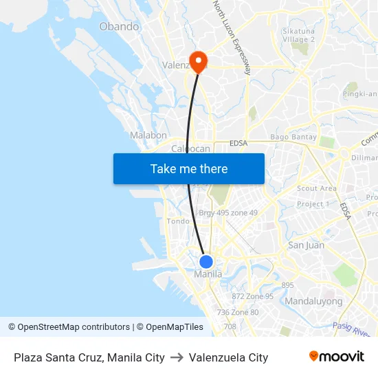 Plaza Santa Cruz, Manila City to Valenzuela City map