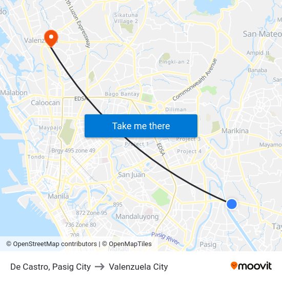 De Castro, Pasig City to Valenzuela City map