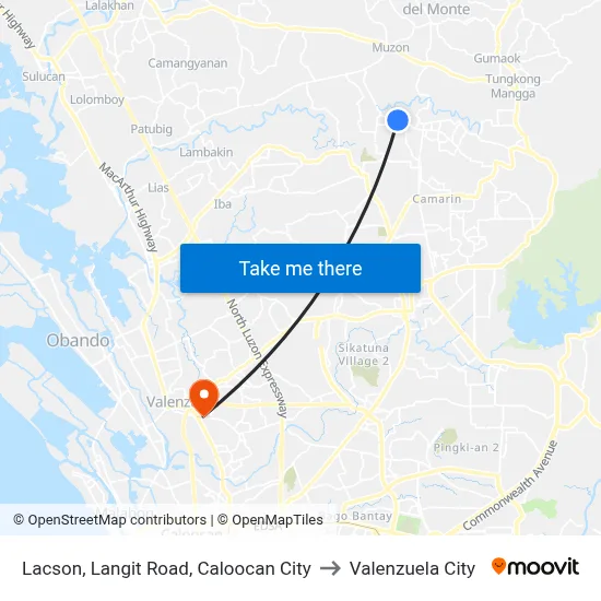 Lacson, Langit Road, Caloocan City to Valenzuela City map