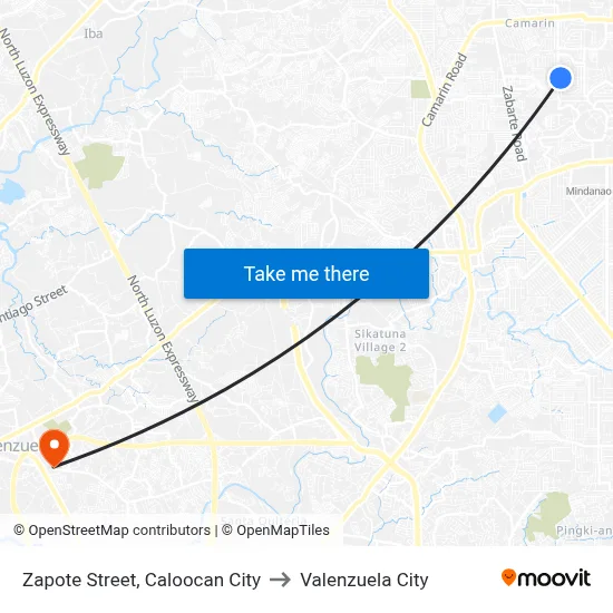 Zapote Street, Caloocan City to Valenzuela City map