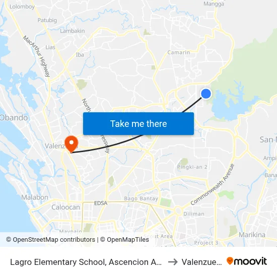 Lagro Elementary School, Ascencion Avenue, Quezon City to Valenzuela City map