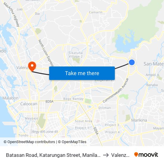 Batasan Road, Katarungan Street, Manila Gravel Pit Road, Quezon City to Valenzuela City map