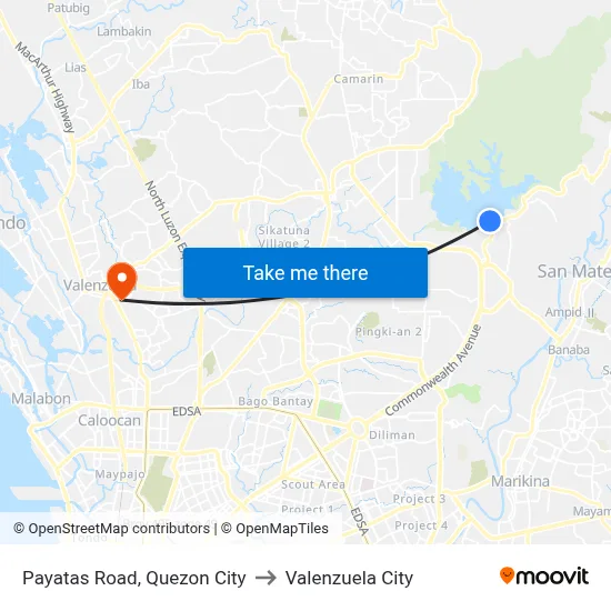 Payatas Road, Quezon City to Valenzuela City map
