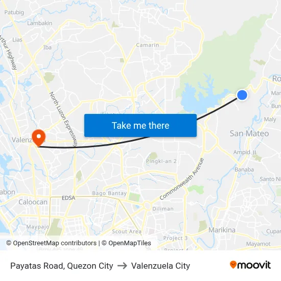 Payatas Road, Quezon City to Valenzuela City map