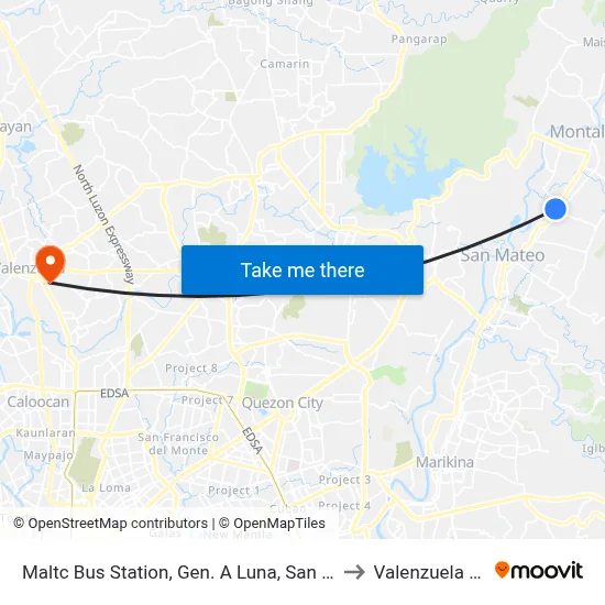 Maltc Bus Station, Gen. A Luna, San Mateo to Valenzuela City map