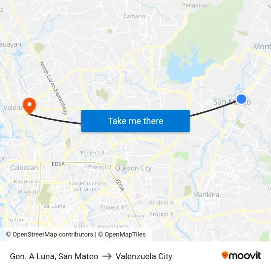 Gen. A Luna, San Mateo to Valenzuela City map