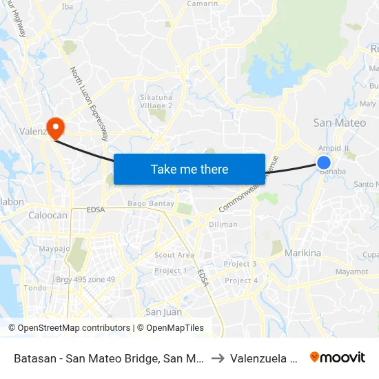 Batasan - San Mateo Bridge, San Mateo to Valenzuela City map