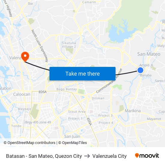 Batasan - San Mateo, Quezon City to Valenzuela City map