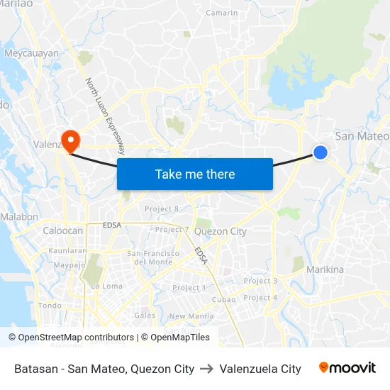 Batasan - San Mateo, Quezon City to Valenzuela City map